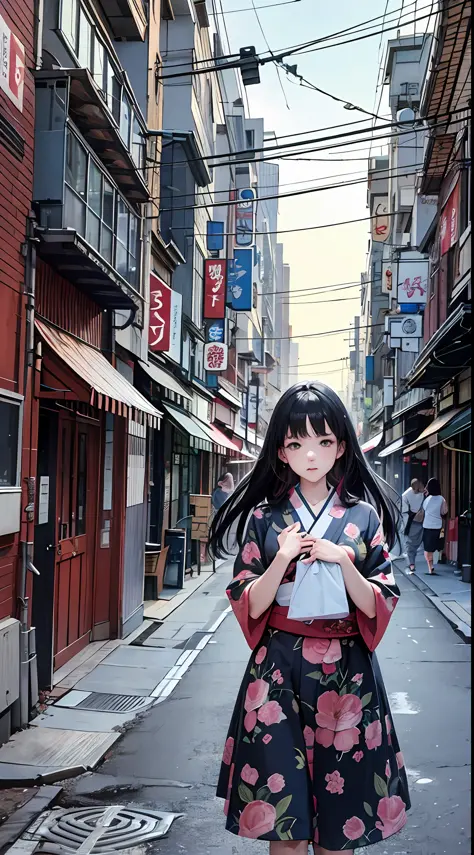 ((best quality))), (((masterpiece))), ((perfect face)),nsfw,One woman, long black hair, in the city, hiding behind a telephone pole, trying not to be found, looking at us, embarrassed, curious, unrequited love, Showa era Japan, nostalgic,teasing, bashful,(...