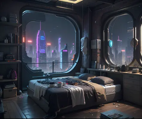 there is a bed with a city view in the background, bedroom at night with Tudor and revival influences, cyberpunk dreamscape, cyb...