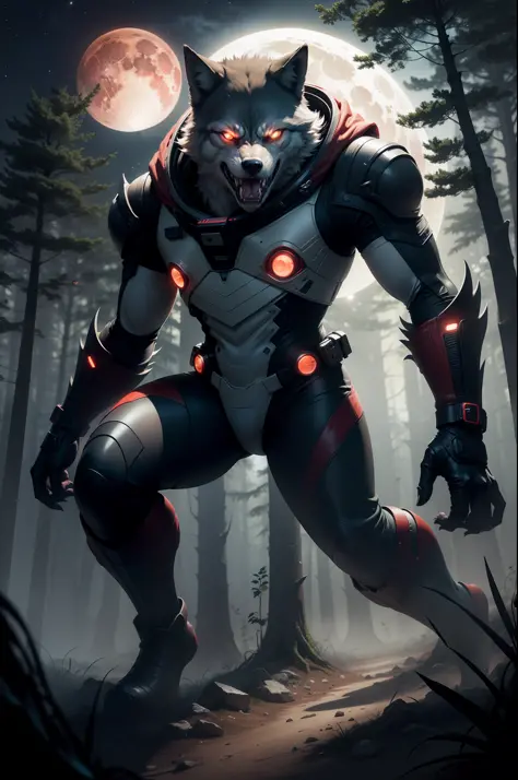 alien, werewolf, male, solo, wolf's head, dynamic ambush pose, fangs, open jaw, angry expression, white with red accents cyperpunk spacesuit with matching gloves and boots, pouncing, sharp claws, night time, forest backdrop, red moon, sci fi, horror lighti...