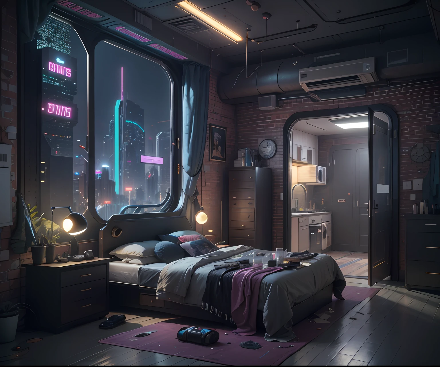 Hay una cama con vistas a la ciudad en el fondo, dormitorio por la noche con influencias Tudor y revival, paisaje onírico ciberpunk, cyberpunk messy bedroom, Dormitorio cyberpunk steampunk, pitido de renderizado 3D, the apartamento ciberpunk, apartamento ciberpunk, representación del pitido, arstation y pitido altamente, en una habitación temática cyberpunk, en una ciudad de ciencia ficción y fantasía, Inspirado en Beeple