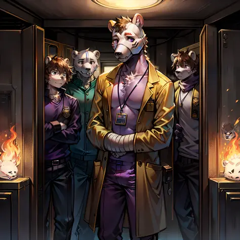 A guy with purple skin, brown hair, ((white bear mask on)) is standing in the burning security room, wearing a purple shirt, a y...