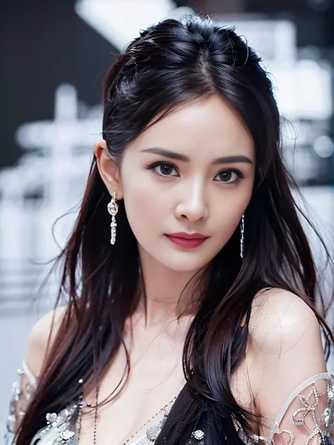 yangmi,mimi,cyq, 1girl, solo, jewelry, earrings, reality, long hair, brunette hair, dress, looking at the audience, white dress,...