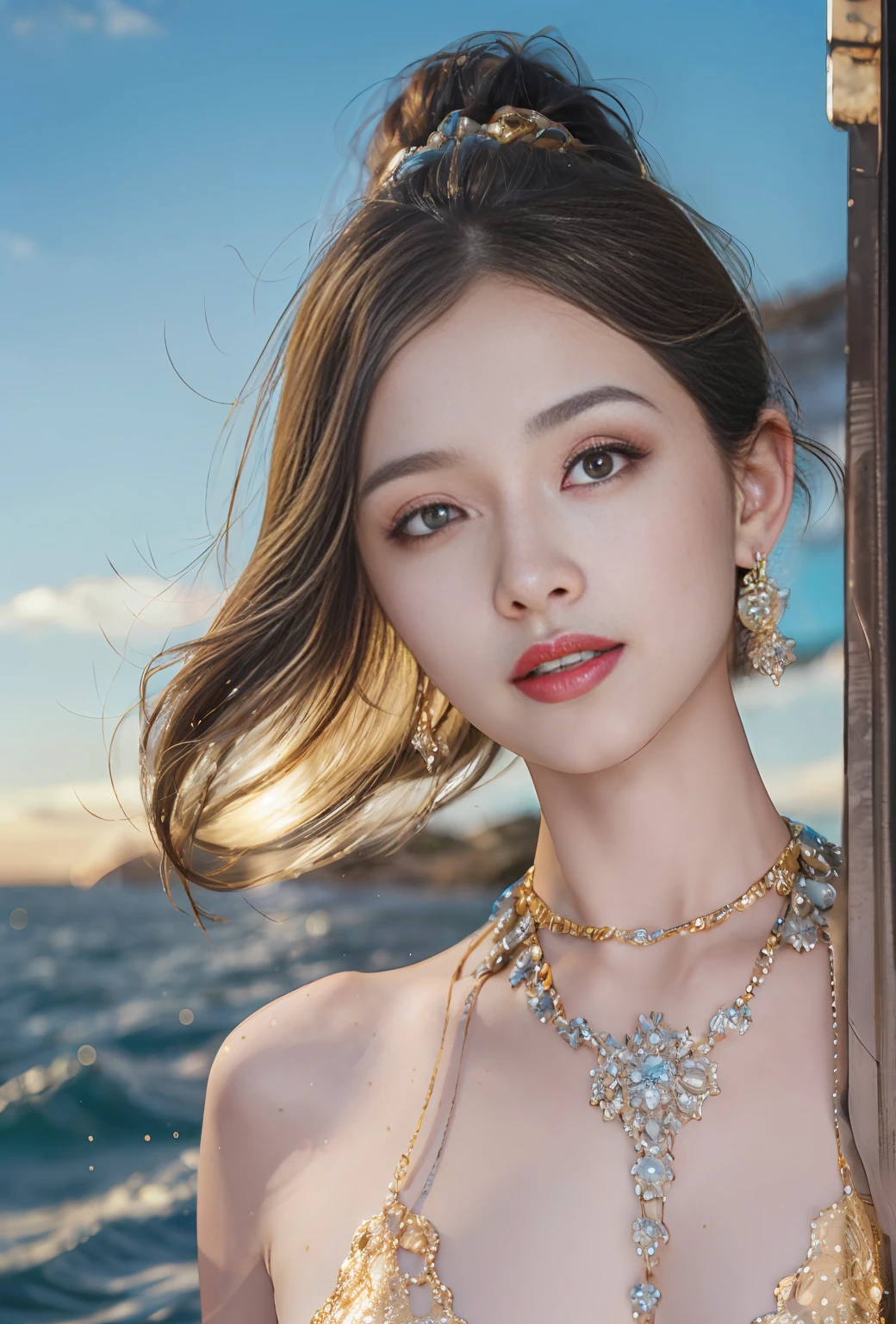 (Masterpiece, Top Quality, Best Quality, Official Art, Beauty and Aesthetics: 1.2), ((1girl fly in the sky)))), ((Windy), (Jump), White Clouds, Blue Sky, Supreme Detail, (Shiny Skin), (Earrings), At the Seaside, (Very Thin Waist: 1.3), (Masterpiece: 1.3), (8K, Realistic, RAW Photo, Best Quality: 1.4), Beautiful Face, (Realistic Face), Ridiculous, Attractive, Ultra High Resolution, Ultra Realistic, Highly Detailed, Golden Ratio, (Outdoor, Ocean, Dawn), Sparkle