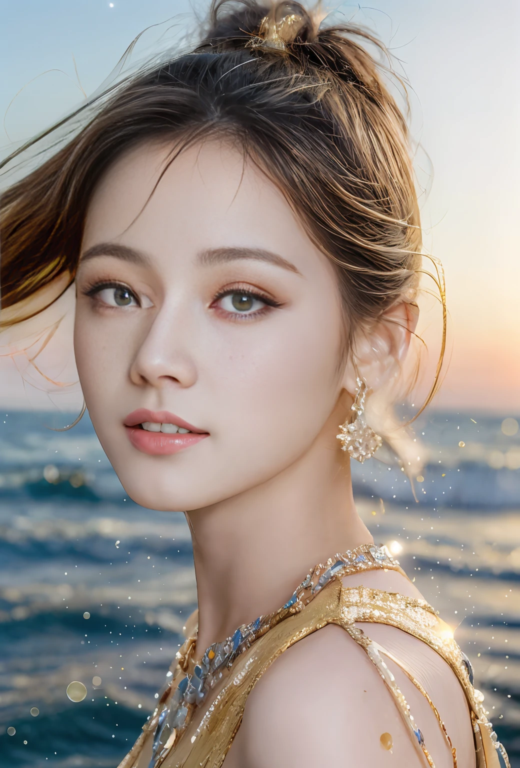 (Masterpiece, top quality, best quality, official art, beauty and aesthetics: 1.2), ((1girl fly in the sky))), ((windy)), (jump), white clouds, blue sky, highest details, (shiny skin), (earrings), by the sea, very thin waist, (Masterpiece: 1.3), (8K, Realistic, RAW Photo, Best Quality: 1.4), Beautiful Face, (Realistic Face), Ridiculous, Attractive, Ultra High Resolution, Ultra Realistic, Highly Detailed, Golden Ratio, (Outdoor, Ocean, Dawn), Sparkle