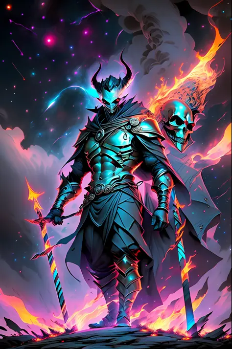 Hades, the God of death. Imposing and shadowy statue of Hades, dressed in black armor and holding a powerful trident. The environment around you is filled with blazing flames and a starry night sky as lost souls float in your domain.