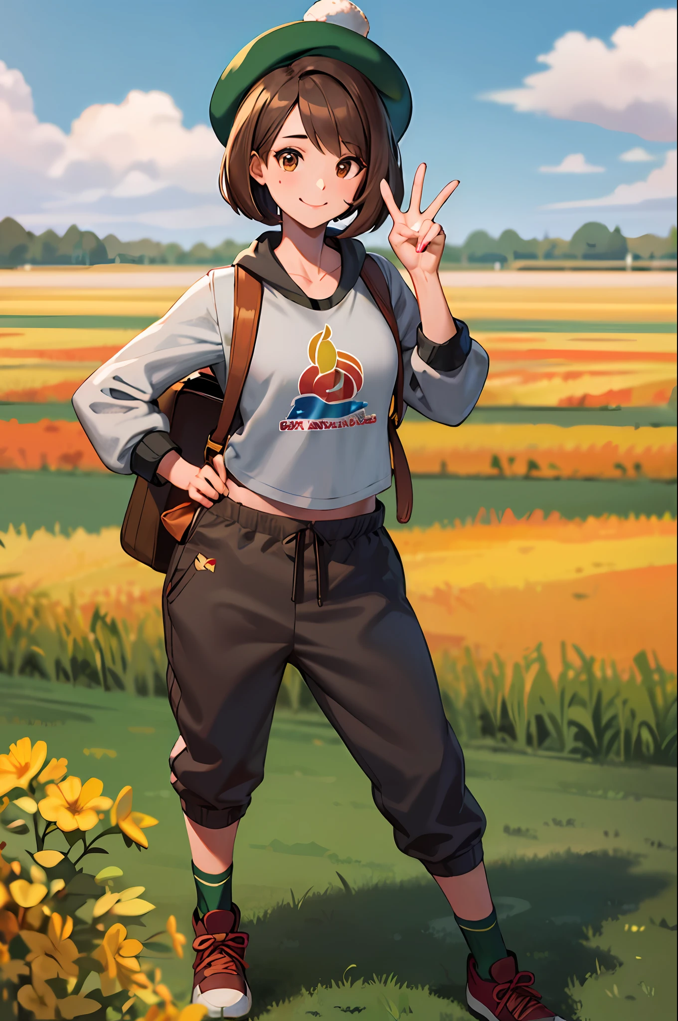 masterpiece, best quality, highres, gloria1, 1girl, gloria \(pokemon\), brown hair, solo, backpack, brown eyes, tam o' shanter, short hair, green socks, socks, brown bag, bob cut, bangs, long sleeves, hand on hip, smile, peace sign, field, grass, Black tank top, ((red sweatpants)), holding a glass of beer