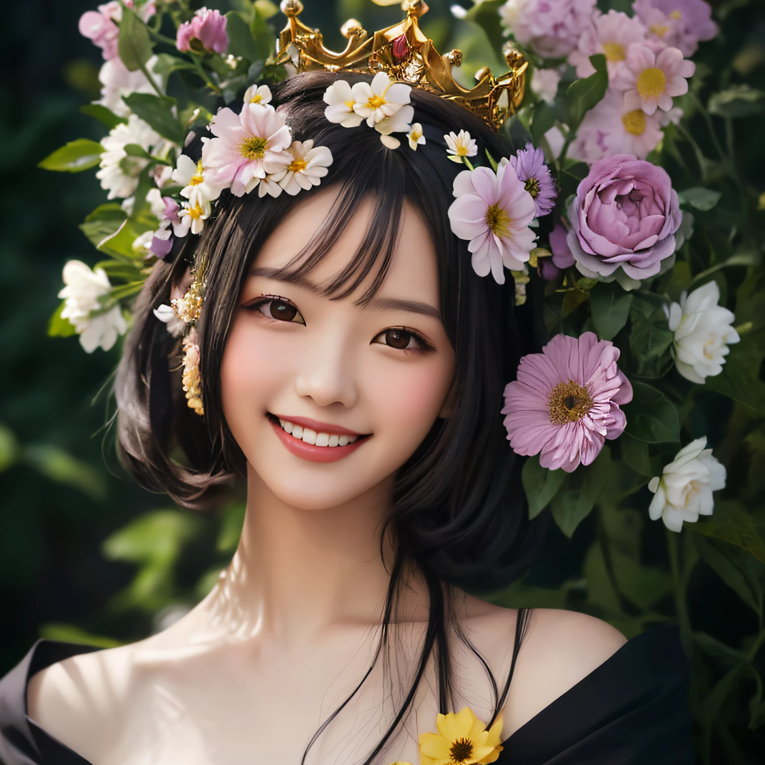 Beautiful woman with flowers and a crown of flowers in her hair, (smiling as much as possible:1.5), hair flyer, (black hair: 1.5), (black eyes: 1.5), (Japan people: 1.0), flower storm portrait, flower woman, hair flower, hair flower, flower girl, flower goddess, beautiful portrait photo, girl with flower head, perky woman made of petals, portrait of a woman with flowers, Girl at the front of the flower garden