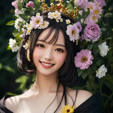 Beautiful woman with flowers and a crown of flowers in her hair, (smiling as much as possible:1.5), hair flyer, (black hair: 1.5...