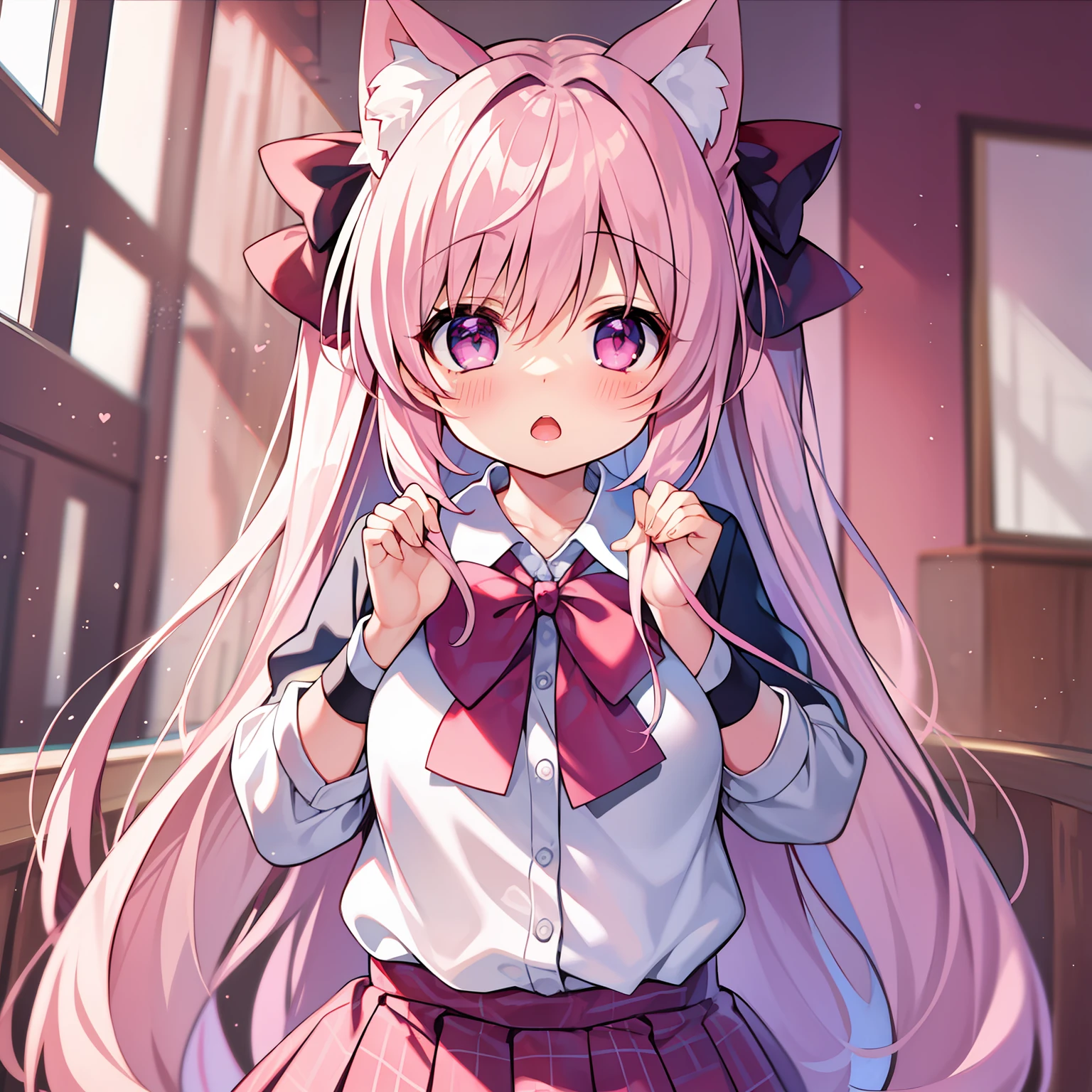 masterpiece, best quality, {{{loli}}}, {{{solo}}}, light, absurdly long hair, pink hair, white hair, {hair bow}, light blush, pink eyes, , heart in eye, cat_ears, open mouth,,