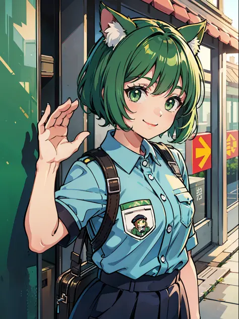 Uniformed security guard (chibi, cat girl, short green bobbed hair, green eyes, satisfied smile) stopping and saluting at the entrance of the building