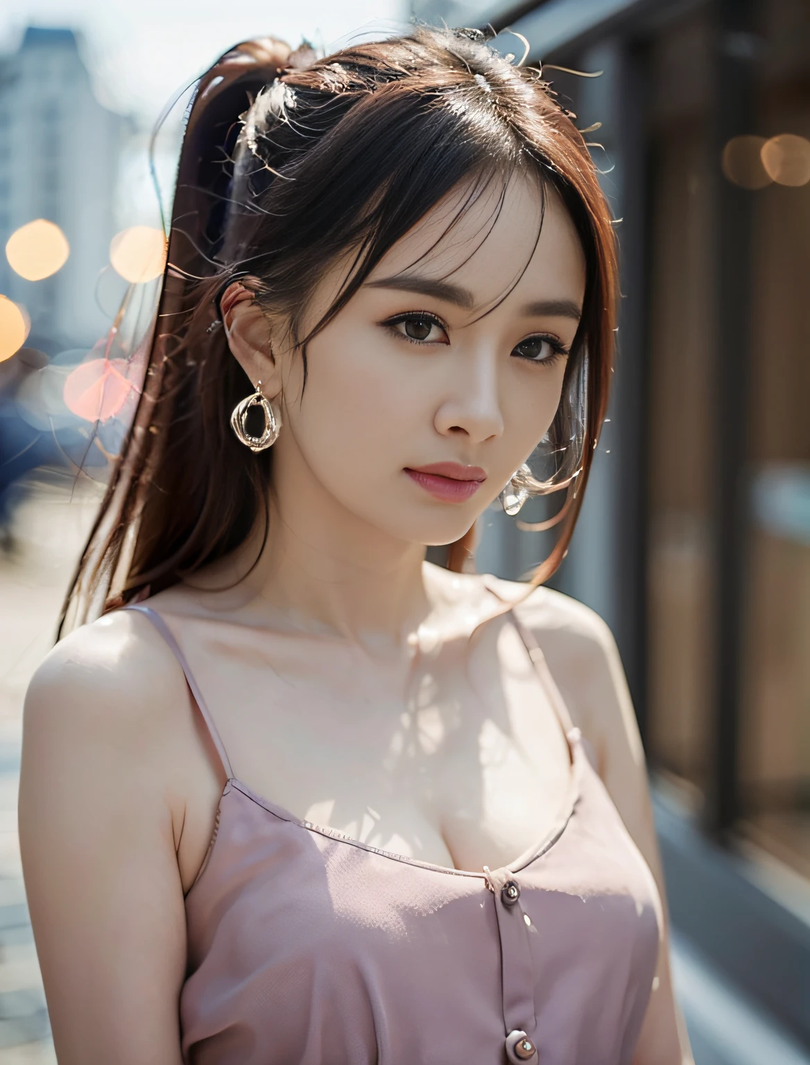 yangmi,mimi,random pose, (very delicate and beautiful piece), (masterpiece), a girl, (schoolgirl: 1.2), high resolution, waistline, twisted ponytail, charming expression, beautiful clear eyes, green pupils, delicate earrings, fairy-like ears, simple blurred background, very detailed description, beautiful face, delicate figure, thin collarbone, beautiful lips, soft back view, mix4, (8K, RAW photo, top quality, masterpiece: 1.2), (Realistic, Realistic: 1.37), A Girl, Cute, Cityscape, Night Rain, Professional Lighting, Photon Mapping, Teleportion, Physically Based Rendering, (Shiny Skin: 1.2)