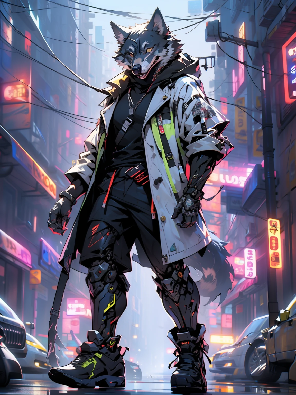 cyberpunk, Sonnenbrille, (mechanische Wolfsklaue), Längere Arme, Meisterwerk, (Super detailliert), (Tier anthropomorph), gangster theme, wolf, gutaussehend, Regenmantel, Licht dimmen, Rauch, Schatten, Korruptes Stadtbild, höchste Qualität, monofokal, (Abschöpfen: 1.1), Muskelmann, Ganzkörper, kompliziert (hohe Detailgenauigkeit: 1.1),