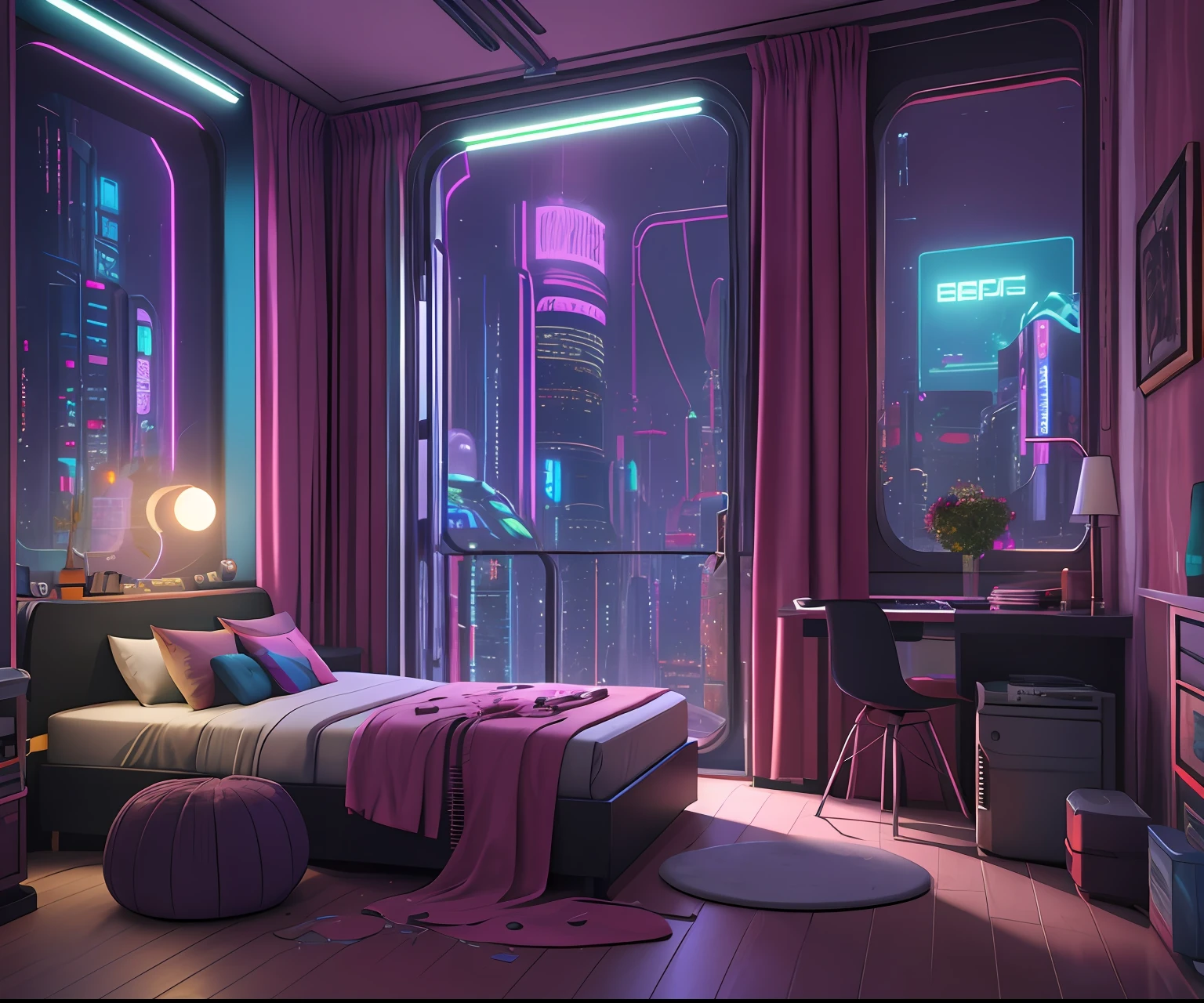 Há uma cama com uma vista da cidade de fantasia cyberpunk ao fundo, ((quarto histórico à noite)), paisagem onírica colorida e realista de cyberpunk, quarto bagunçado cyberpunk, quarto cyberpunk steampunk, Bipe de renderização 3D, the apartamento ciberpunk, apartamento ciberpunk, renderização de bipe, arstation e beeple altamente, em uma sala com tema cyberpunk, na cidade de fantasia e ficção científica, Inspirado em Beeple, 8K, estação de arte
