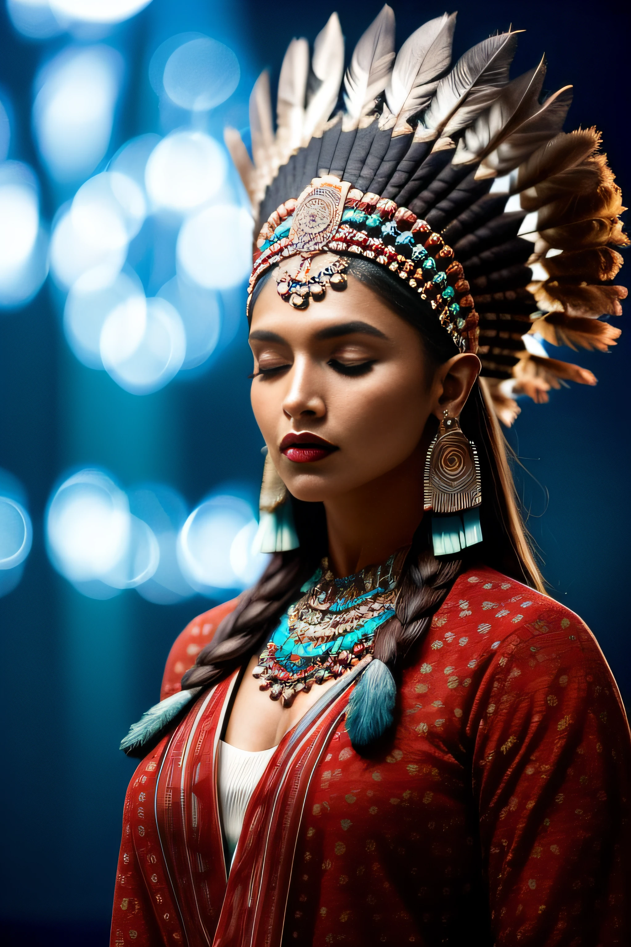 (full portrait), (half shot), solo, detailed background, detailed face, (stonepunkAI, stone theme:1.1), wise, (female), (native american), (beautiful hair, braids:0.2), shaman, septum piercing, mystical, (gorgeous face), stunning, head tilted upwards, (eyes closed, serene expression), calm, meditating, Seafoam Green frayed clothes, prayer beads, tribal jewelry, feathers in hair, headdress:0.33, jade, obsidian, detailed clothing, cleavage, realistic skin texture, (floating particles, water swirling, embers, ritual, whirlwind, wind:1.2), sharp focus, volumetric lighting, good highlights, good shading, subsurface scattering, intricate, highly detailed, ((cinematic)), dramatic, (highest quality, award winning, masterpiece:1.5), (photorealistic:1.5), (intricate symmetrical warpaint:0.5),