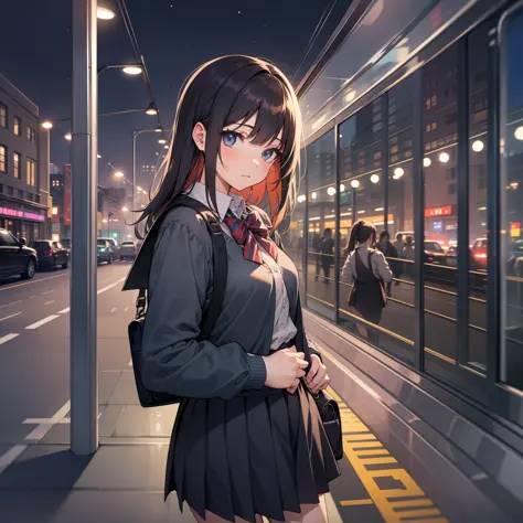 A girl in a school uniform walks into a public bus, a bus driver, at night,