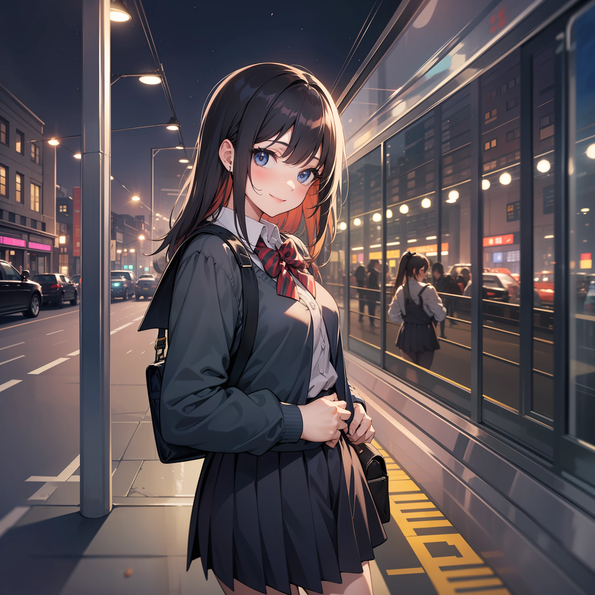 A girl in a school uniform packs up her books at school, smiling