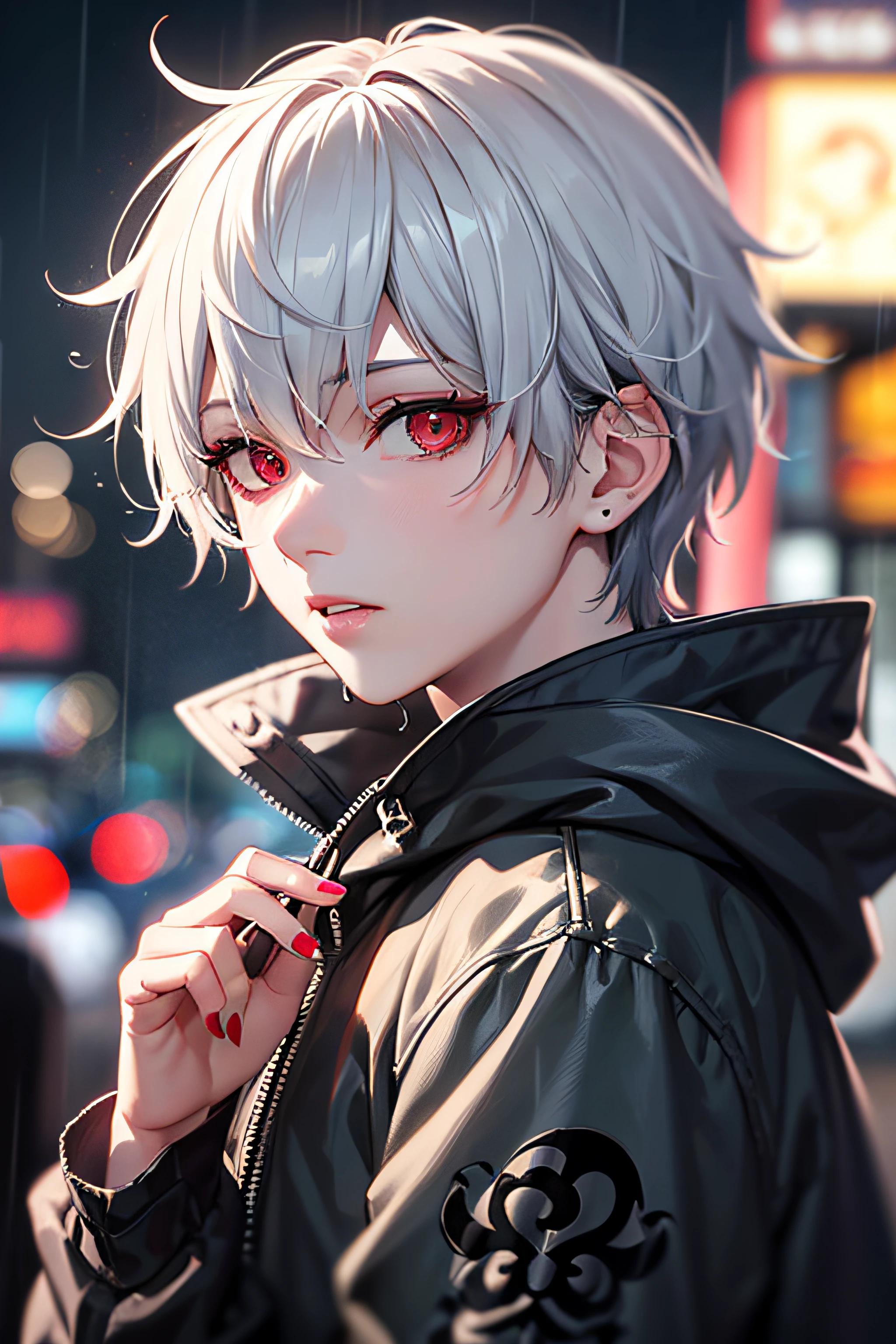 kk, best quality, more details, mastery, 1boy, kaneki ken, portrait, male focus, red eyes, solo, bangs, looking at viewer, hood, short hair, rain, tokyo tokyo \(city\), ,nail polish, gray hair, luxury, 8k, detail, ray tracing, depth of field, cinema lighting,