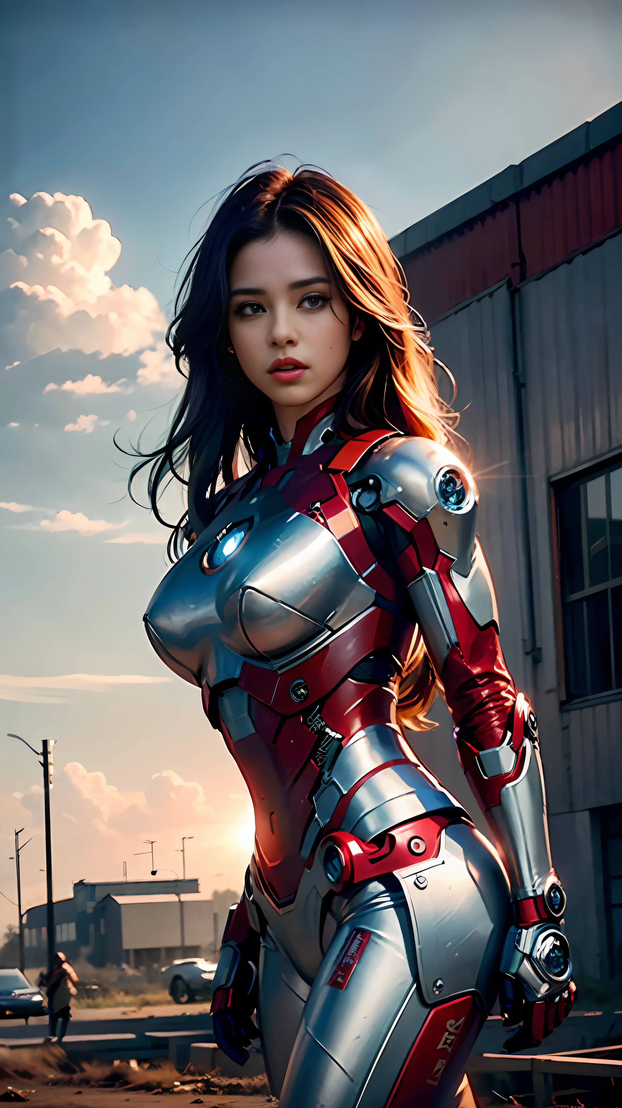 8k, Realistisch, attraktiv, sehr detailliert, a 20 year old girl a sexy and attraktiv woman inspired by Iron Man wearing a shiny Iron Man mech. Sie kleidet sich sexy und selbstbewusst, perfekte Interpretation von Iron Man&#39;s Stärke und Charisma. Das verlassene Lagerhaus dient als Kulisse, Schaffung einer einzigartigen Atmosphäre, die ihren Mut und ihre Ausdauer hervorhebt. Der bewölkte Himmel verleiht der gesamten Szene ein Gefühl von Spannung und Geheimnis. Dieses hochauflösende, Hochwertiges Bild bringt Ihnen ein schockierendes visuelles Erlebnis. Das detaillierte verlassene Lagerhaus und die glänzenden Mechs werden Sie im Auge behalten. OC-Rendering, dramatische Beleuchtung, preisgekrönte Qualität