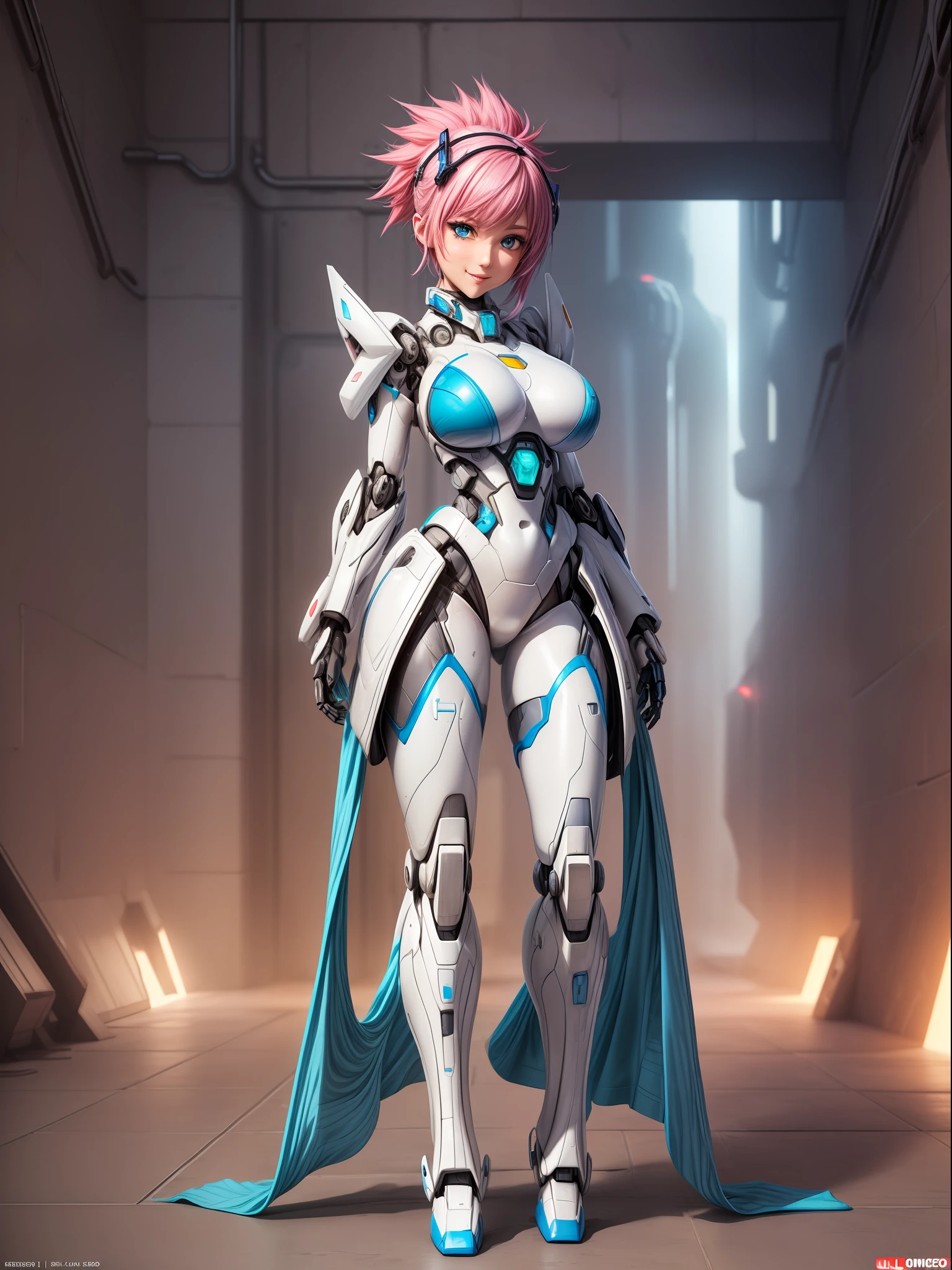 ((Full body/standing):2) {((Only 1 woman):1.2)}: ((Wearing white mecha suit with blue parts, extremely tight on the body):1.5), has ((extremely large breasts): 1.2), only she has ((pink mohawk hair, blue eyes):1.2), is ((leaning against the wall, doing erotic pose for the viewer, smiling)). \n Background:((in a futuristic dungeon full of giant robots):1.5). anime, anime style, 16k, high resolution, ((best quality, high detail: 1.3)), UHD, ((masterpiece))