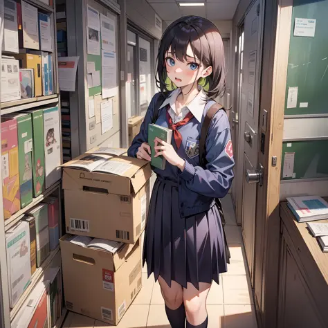 A girl in a school uniform packs up her textbooks at school with a panicked expression