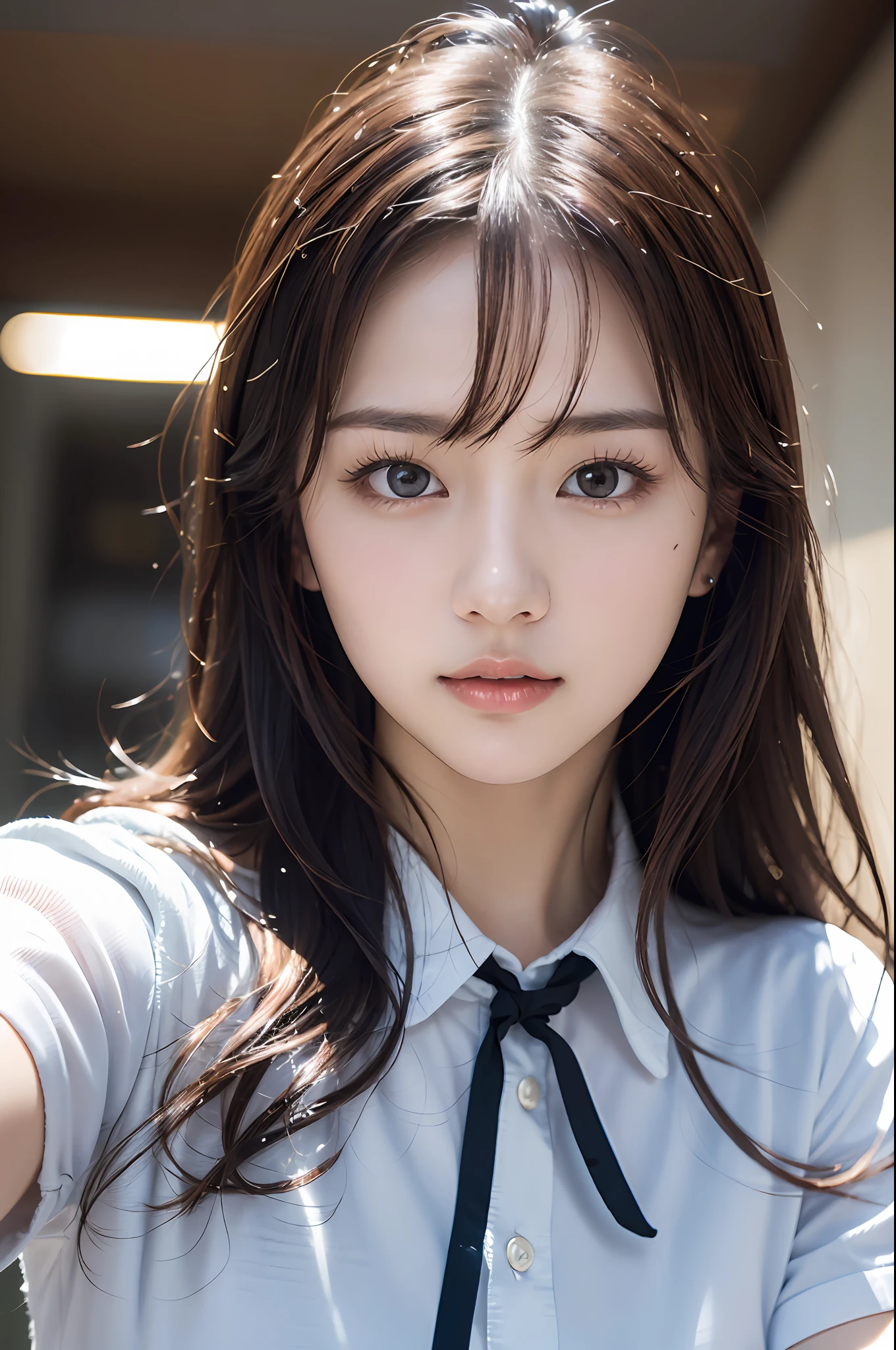 clothed、(photo real:1.4)、(Hyperrealistic:1.4)、(Realstic:1.3)、
(Smoother lighting:1.05)、(improved movie lighting quality:0.9)、32 k、
1GIRL、20 years old girl、Realistic Lighting、Backlit、Facial light、Ray Trace、(Brightening light:1.2)、(Increase quality:1.4)、
(Top Quality Real Texture Skin)、Fine eyes、finerly detailed face、
(Tired, sleepy and satisfied:0.0)、closeup on face、Student uniform:1.3、korean idol、Nogizaka Idol、hposing Gravure Idol
(Bodyline mood improvement:1.1)、Glossy skin、korean idol、Nogizaka Idol、hposing Gravure Idol、anus　selfie