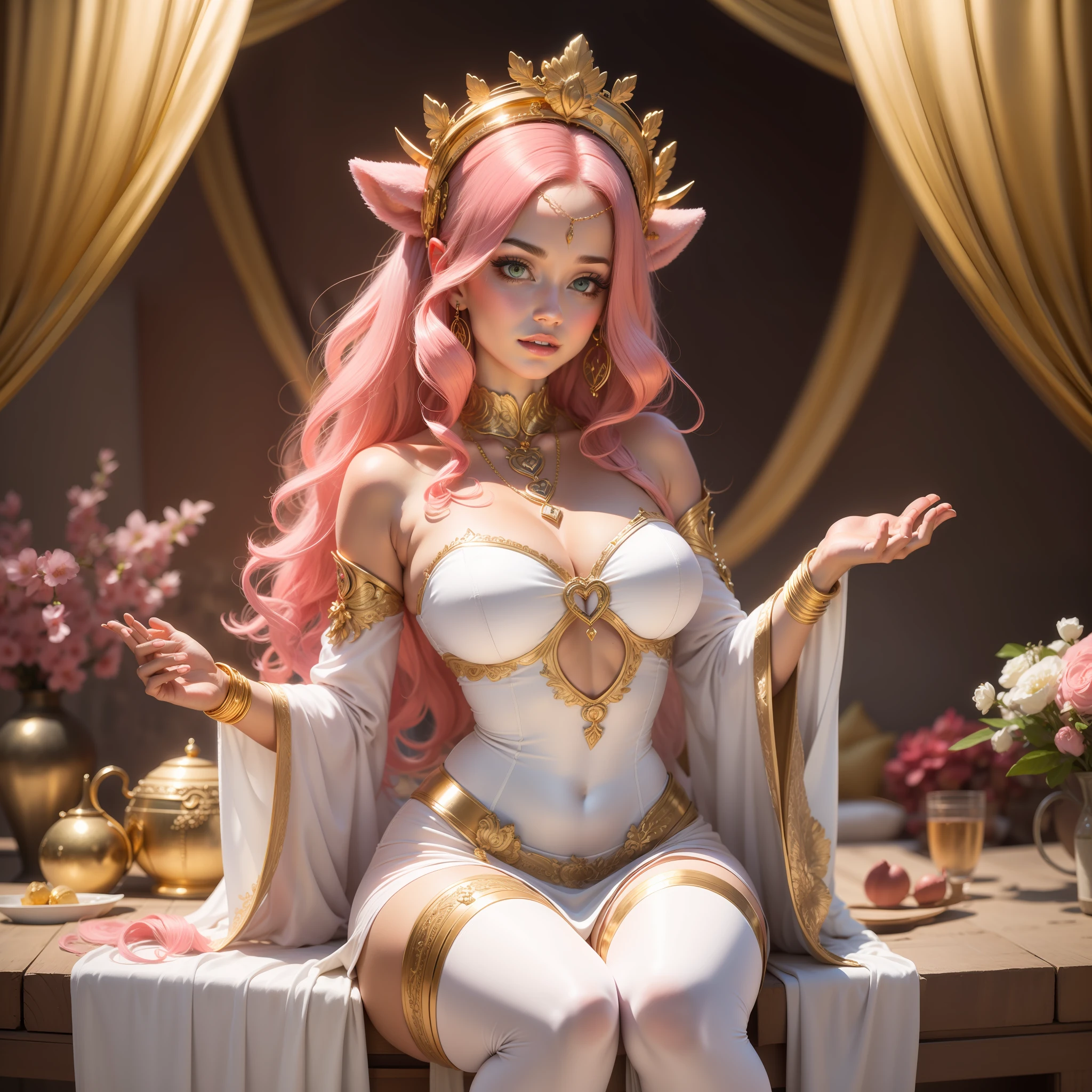 Goddess Aphrodite, pink hair, curly hair, chiton outfit, long white clothing, gold details, glorious pose, colorful hearts