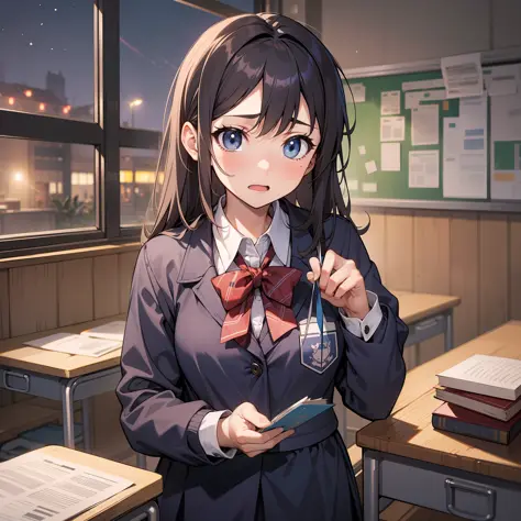 A girl in a school uniform packs up her textbooks at school with a panicked expression, at night