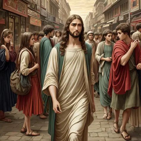 new jesus in his time, time of christ, teenage jesus, jesus walking in the street and various shops