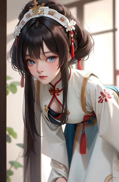 Best quality, masterpiece, brunette hair, blue eyes, head up, wearing traditional Chinese white costume, (headdress 4.1), bent over, looking straight into the camera