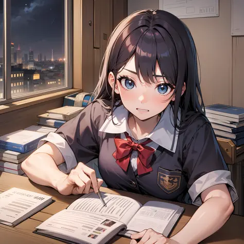A girl in a school uniform packs up her textbooks at school with a panicked expression, at night
