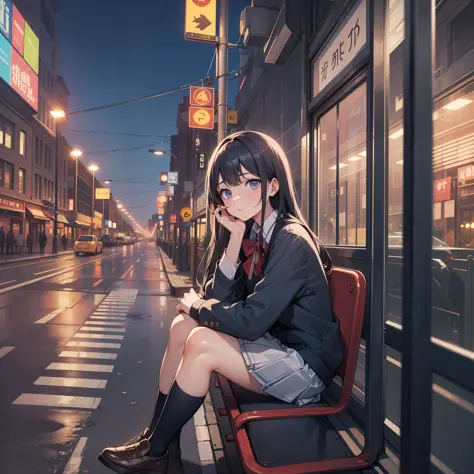 A girl in a school uniform waits at a bus stop with an anxious expression, and at night, the road traffic shuttles