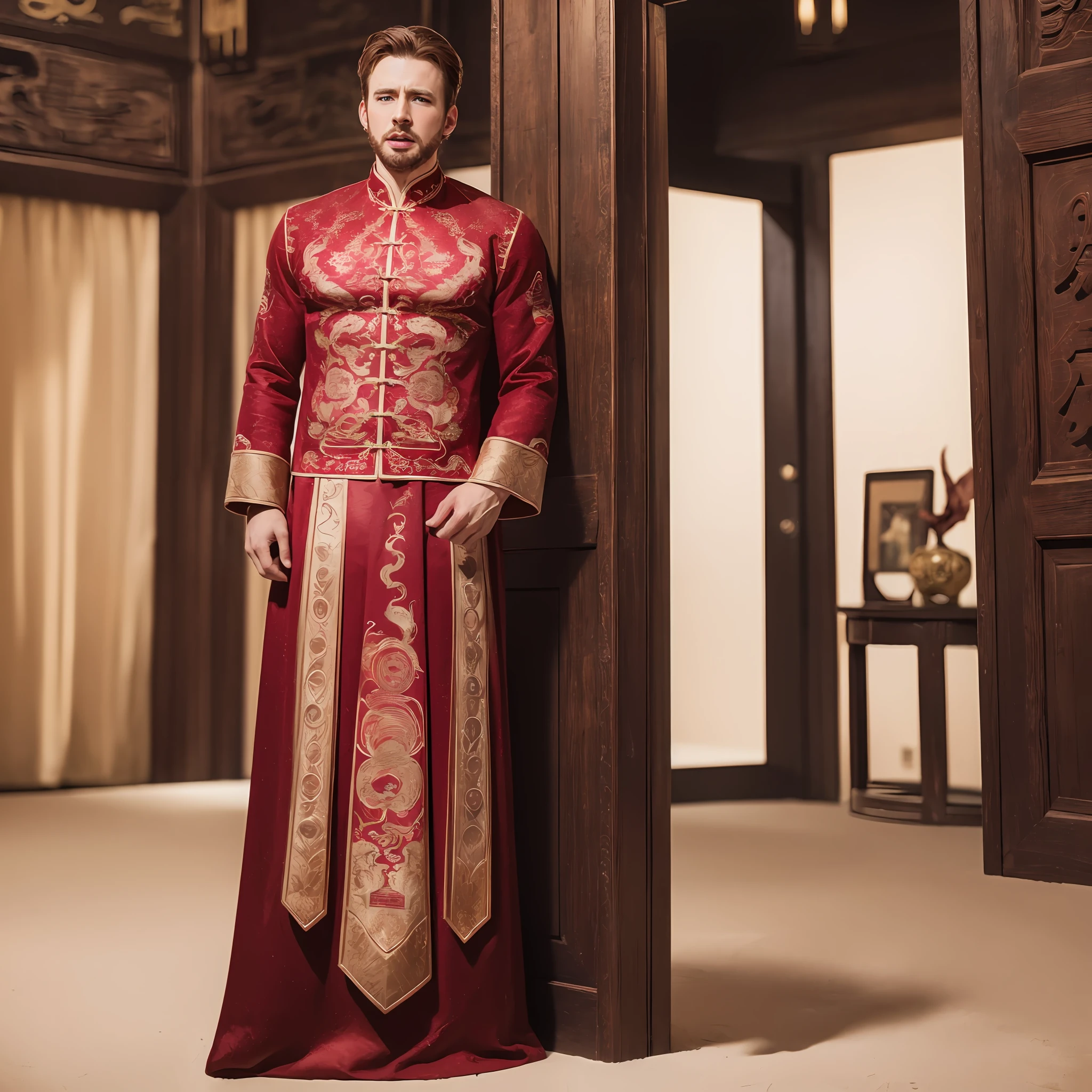 (8k, RAW photo, best quality, masterpiece:1.2), (realistic, photo-realistic:1.4), ultra-detailed, (chris evans),masculine style,perfect detail ,  make up,(full body:1.5),chinese style architecture,a dress with a red and gold pattern on it