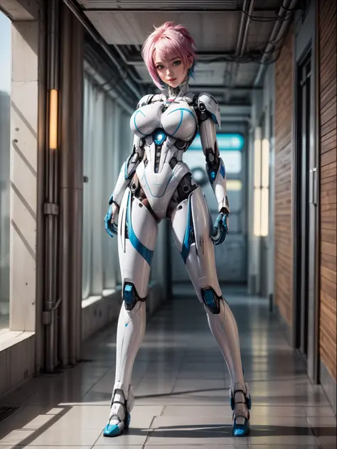 ((Full body/standing):2) {((Only 1woman):1.2)}: ((Wearing white mecha suit with blue parts, extremely tight on the body):1.5), h...
