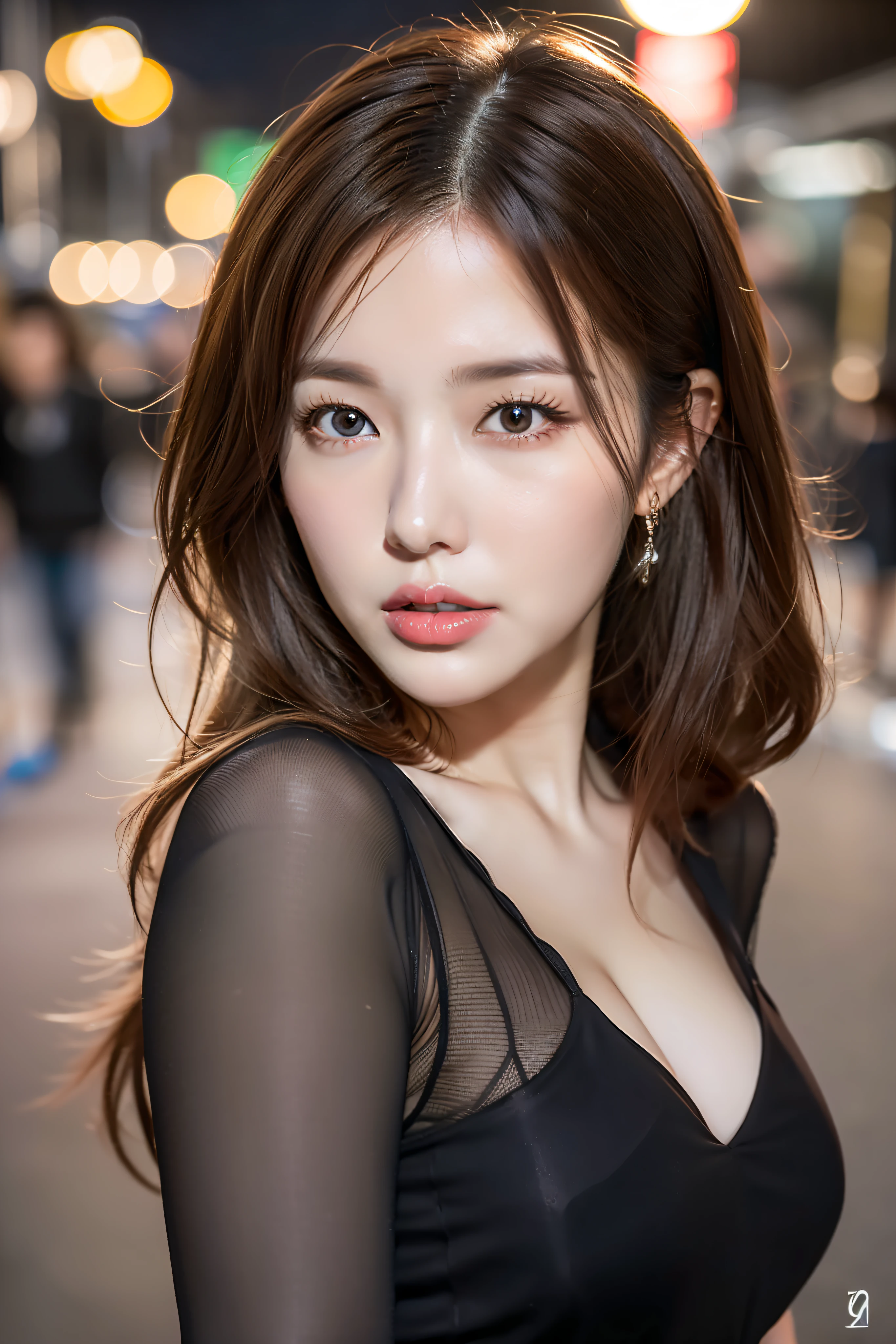 8K, RAW photo, master, high quality, realistic, natural light, realistic face, 2 woman, full body photo, brown hair, long hair, brown eyes, small head, perfect chest shape, detailed face, real skin, black pantyhose, tease, temptation, night view, street