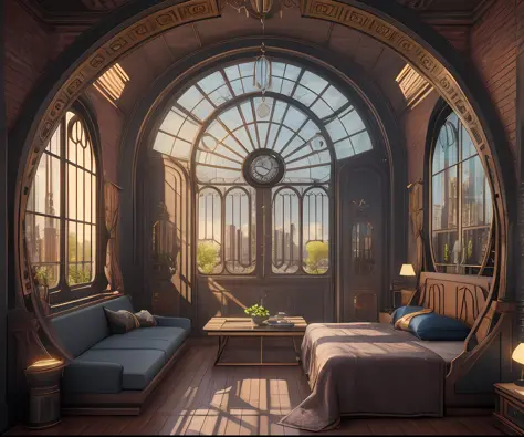 There is an ornate bedroom in the style of Versailles with a big historical window. Through the window is a hyperrealistic cyber...