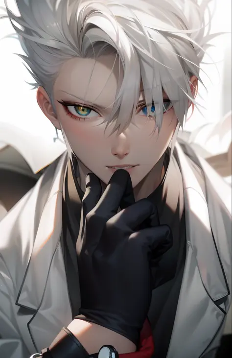 anime character with red hair and black-red gloves holding a cell phone, red haired, a red haired mad, red-haired, Heterochromia eyes, Blue eyes right, green eyes left, nagito komaeda, killua zoldyck black hair, badass anime 8 k, white haired deity, best a...