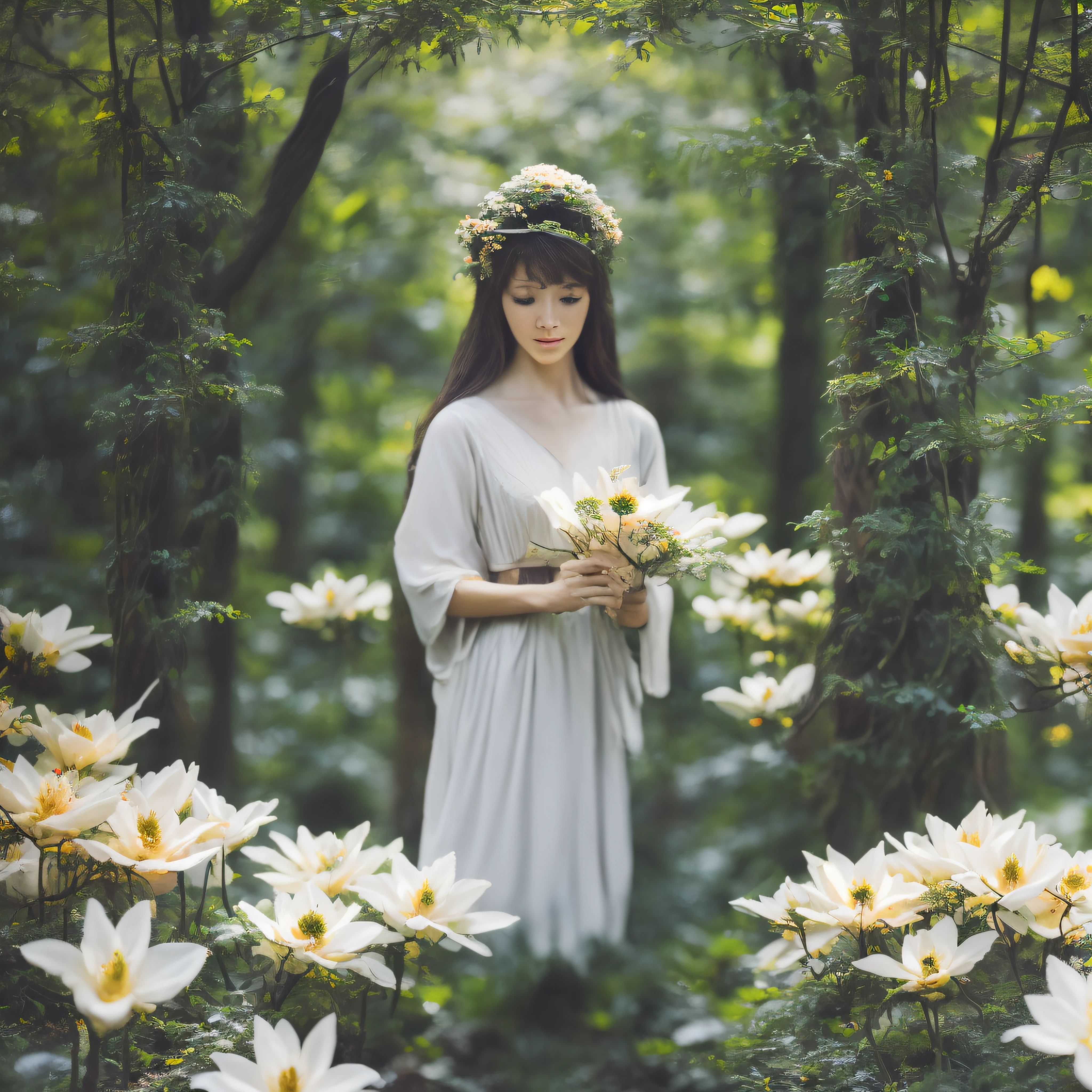 A charming and ethereal flowery field with many white lilies amid a lush forest of vines with greenish branches and spiked in the background, illuminated by a soft sacred angelic light. High detail Photorealistic depth of field with foreground blur, wide-angle, National Geographic style. No humans