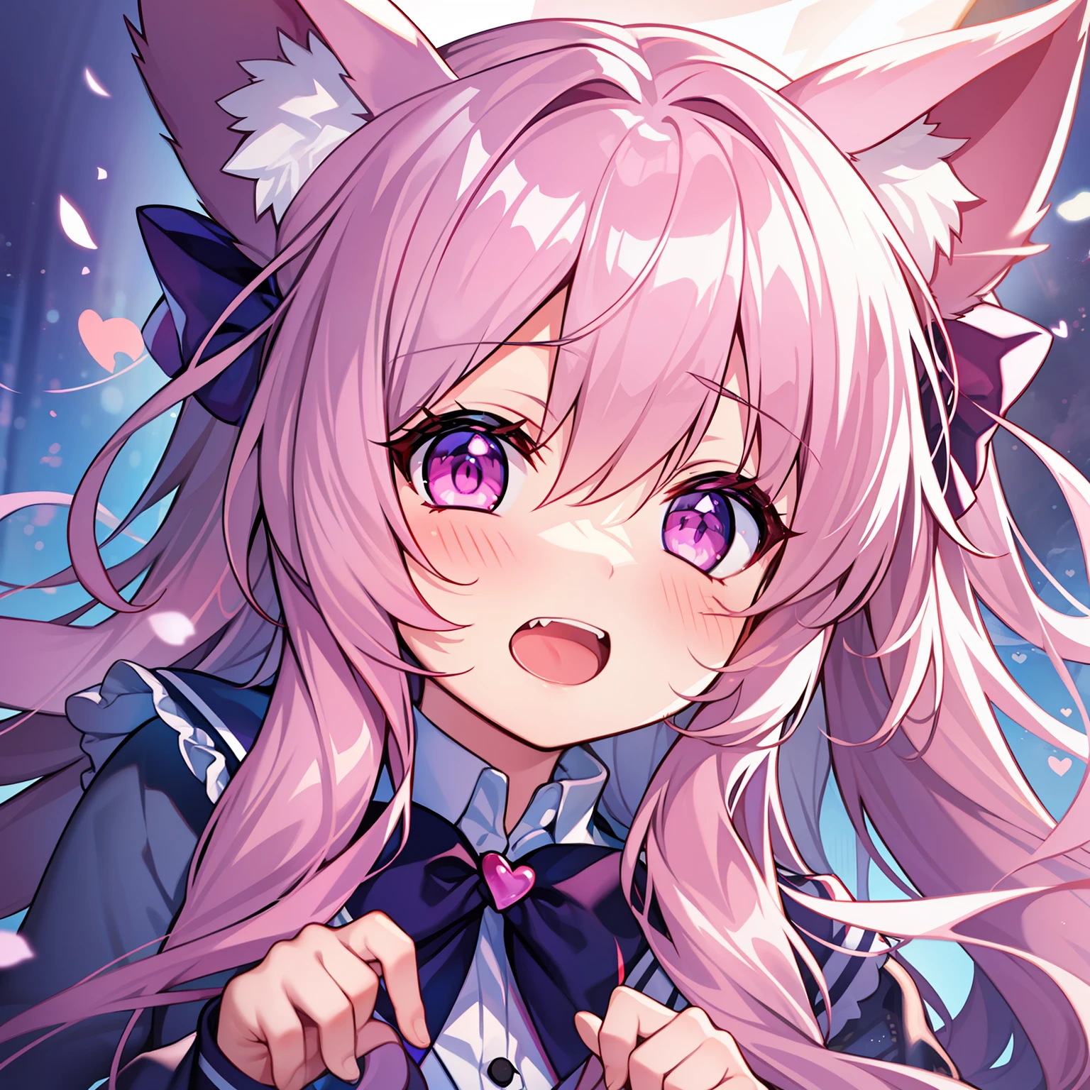 masterpiece,best quality,official art,extremely detailed CG unity 8k wallpaper, huge_filesize, Chinese, {{{loli}}}, {{{solo}}}, light, absurdly long hair, pink hair, white hair, {hair bow}, light blush, pink eyes, , heart in eye, glowing eyes, cat_ears, open mouth, {{deep_throat}}, teeth,{headpic}