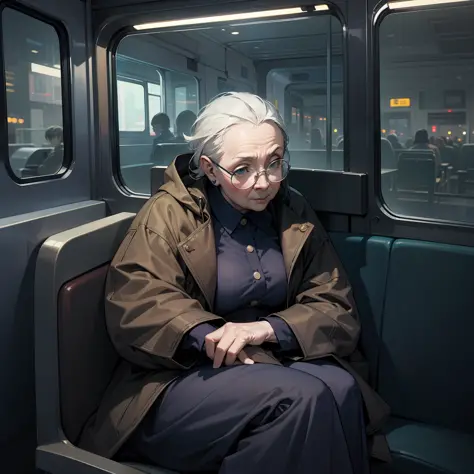 An old lady dressed plainly sat in a bus seat, at night