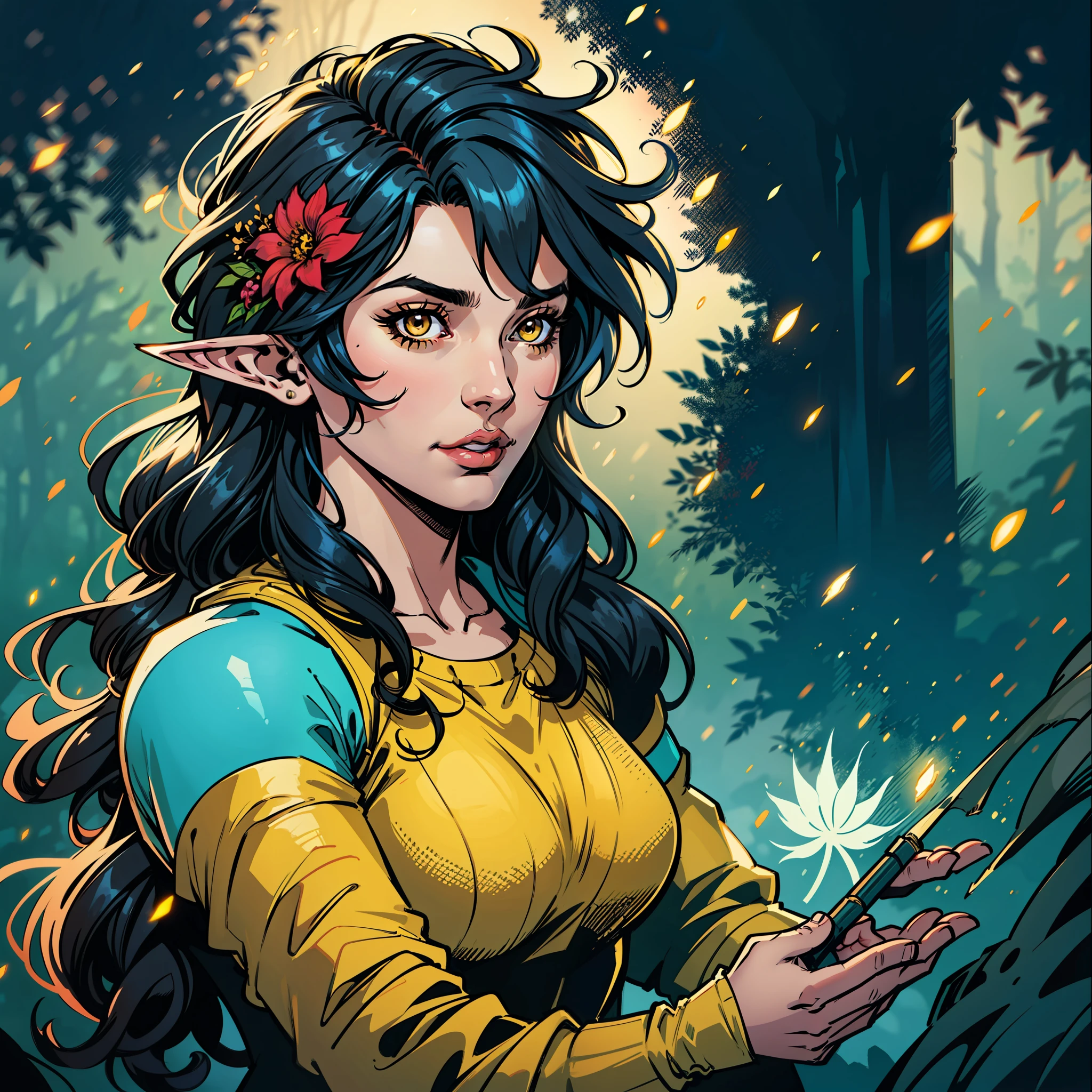 Avatar art of 1elven girl, elf princess, hair accessory: wreath) (flowers in hair: 1.2) sporting of (medium messy black color hair: 1.1), bright hair in the sun, (volumetric lighting: 1.2), blue and yellow clothes (elf: 1.1), forest scenery with colorful fireflies, brown eyes, (lineart: 1.33), (magical: 1.1),, intricate details, dynamic portraiture, dramatic lighting,  backlit, raking light, vibrant