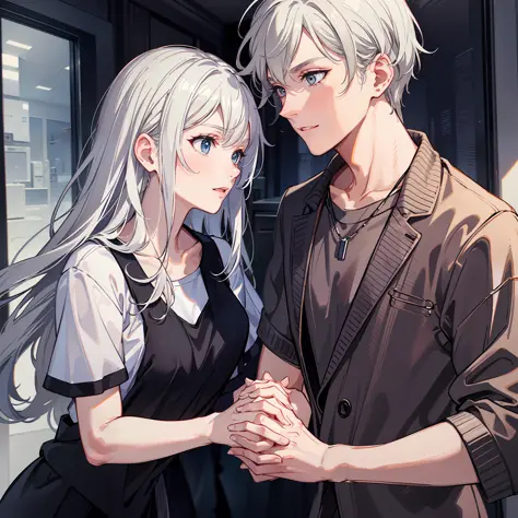 White-haired woman and black-haired man holding hands in the room, man with eyebrows and short sleeves