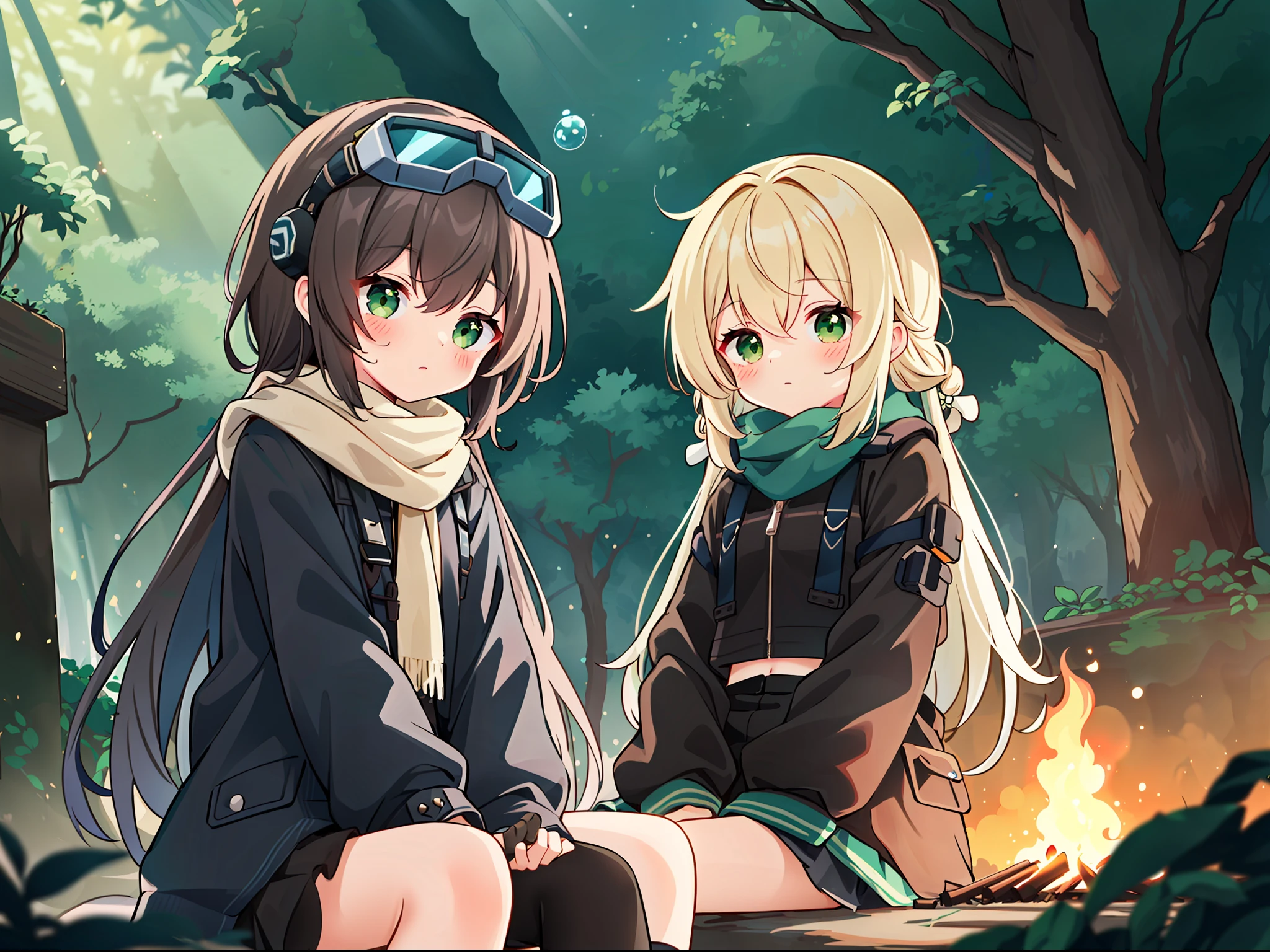 A , sunshine, forest, heavy scarf, punk jacket, bubble socks, (delicate face) (delicate hair), (dark brown double twisted braid), green eyes, robotic arms, dramatic light, dramatic shadows, ray tracing, expressionless face, mechanical goggles on the head, bonfire in front of you, sitting on a stake, warm atmosphere