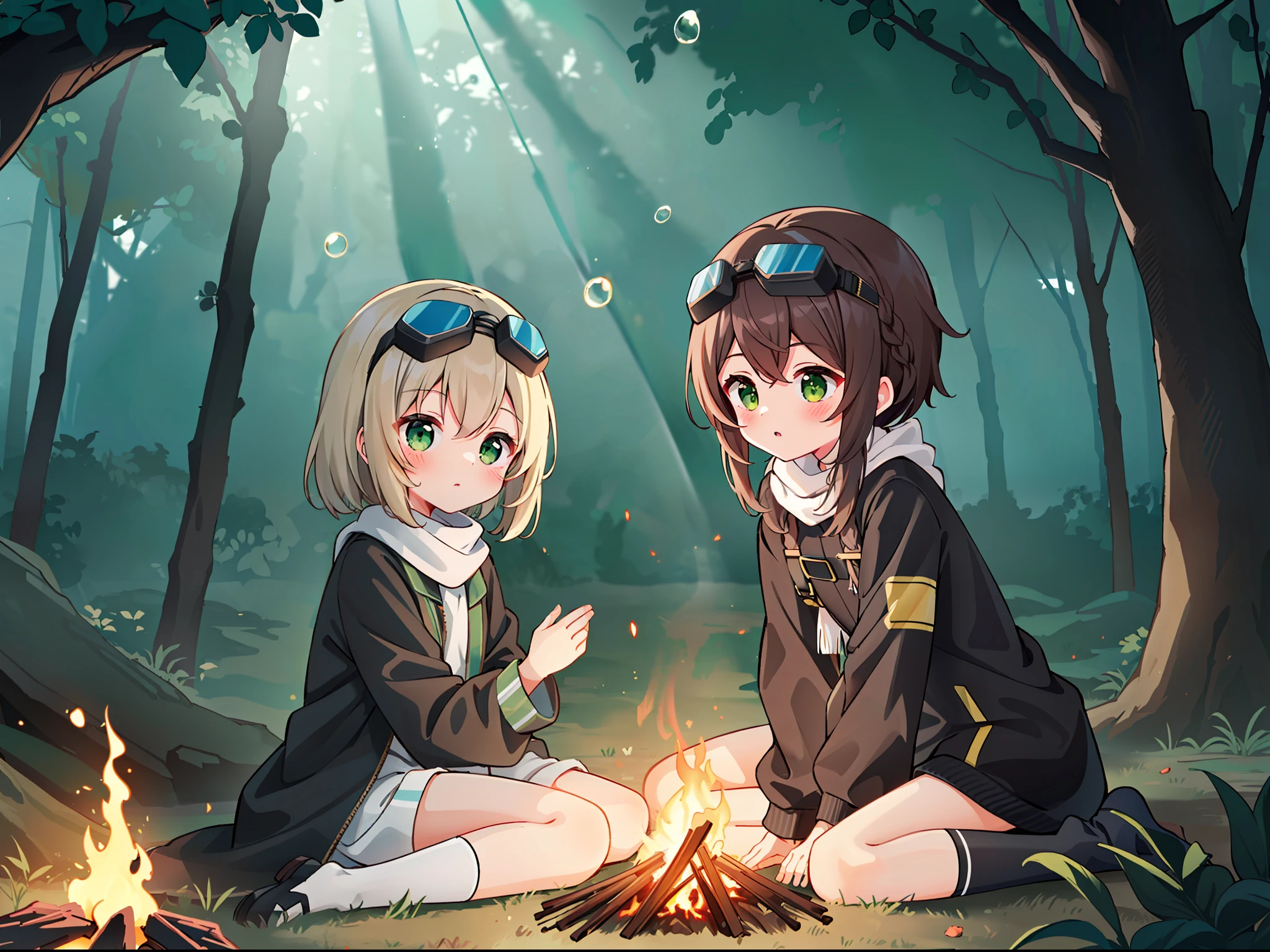 A , sunshine, forest, heavy scarf, punk jacket, bubble socks, (delicate face) (delicate hair), (dark brown double twisted braid), green eyes, robotic arms, dramatic light, dramatic shadows, ray tracing, expressionless face, mechanical goggles on the head, bonfire in front of you, sitting on a stake, warm atmosphere