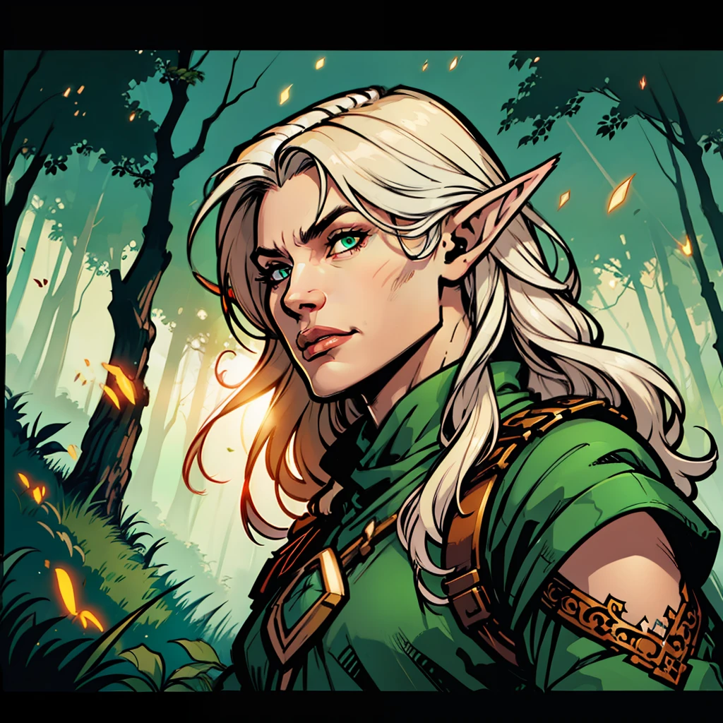Avatar art of a male elf 1male sporting (long straight hair of white color: 1.1), bright hair in the sun, (volumetric lighting: 1.2), green and brown clothes,(forest elf: 1.1), forest scenery with colorful fireflies, eyes with symbol, (lineart: 1.33), (magical: 1.1),, intricate details, dynamic portraiture, dramatic lighting, backlit, raking light, vibrant