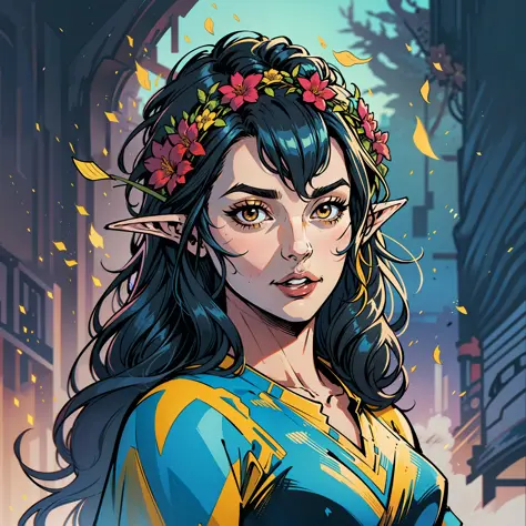 Avatar art of 1elven girl, elf princess, hair accessory: wreath) (flowers in hair: 1.2) sporting of (medium messy black color ha...
