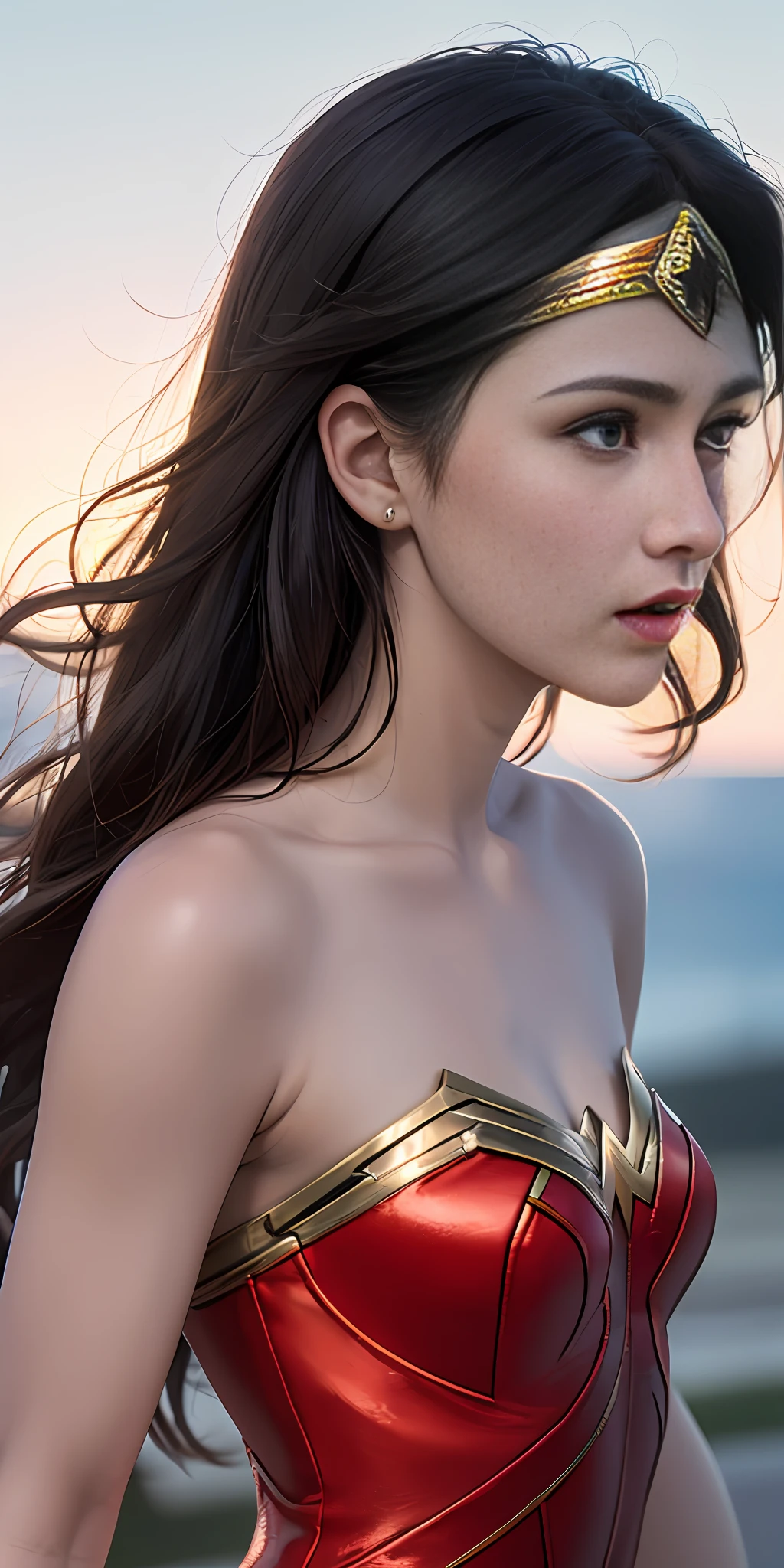 (8k, RAW photo, highest quality, masterpiece: 1.2), (realistic, photorealistic: 1.37), (Linda Carter WW Costume: 1.8), highest quality, ultra high resolution, light leakage, dynamic lighting, round face, cute, slim and smooth skin, (Wonder Woman: 1.4), (soft saturation: 1.6), (fair skin: 1.2), (glossy skin: 1.1), oiled skin, ( Flying: 1.6), 16 years old, night, forehead, bangs, well-formed, hair fluttering in the wind, face-only close-up shot, physically based rendering, from multiple angles