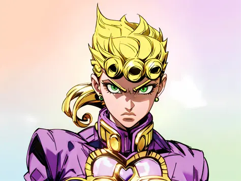 giorno giovanna, gold hair, purple suit, blue earrings, light green eyes, serious face, hd, highres