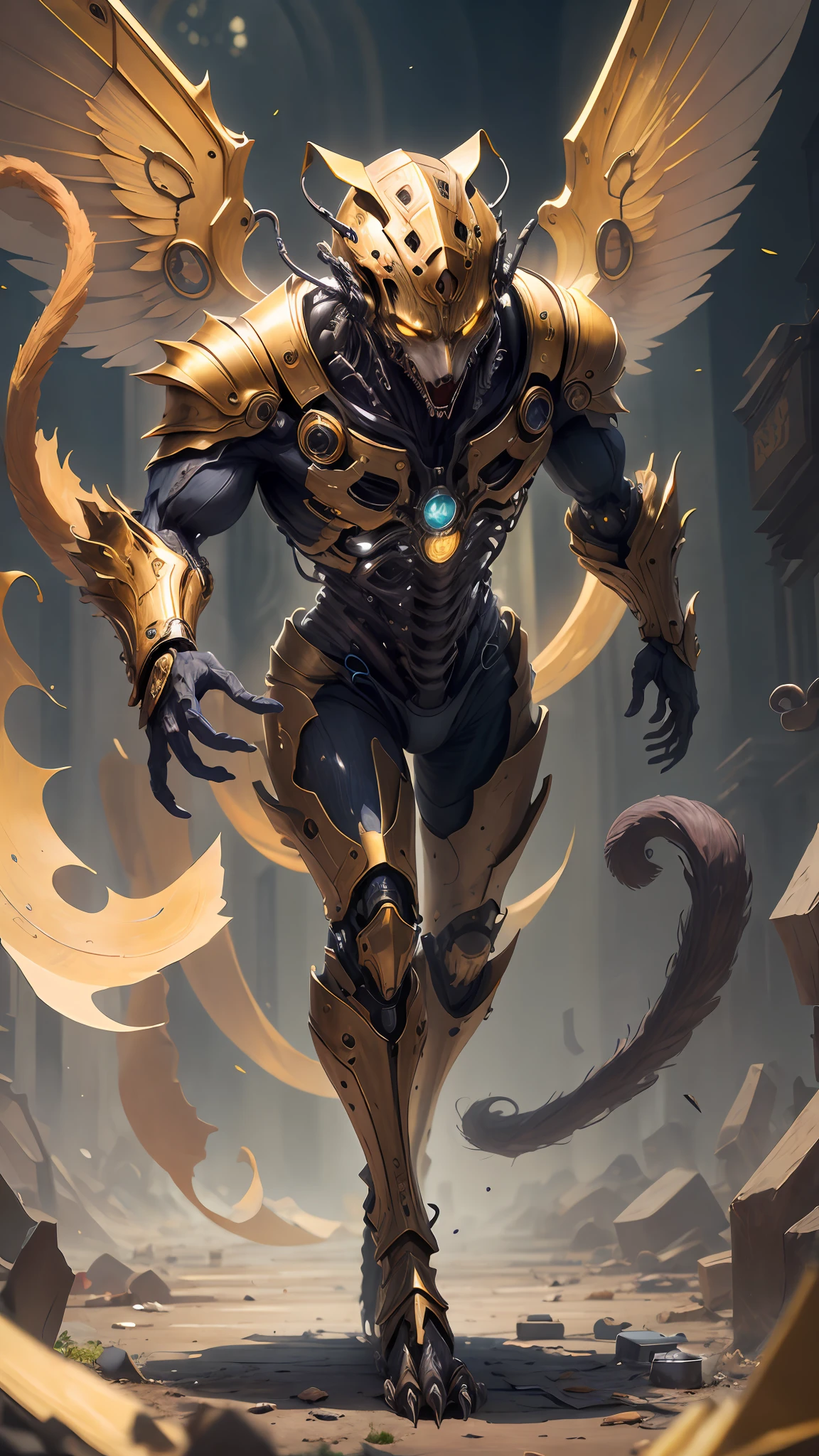 Humanoid cat with golden armor and mechanical wings, with hands and feet, and the torso is all in the picture