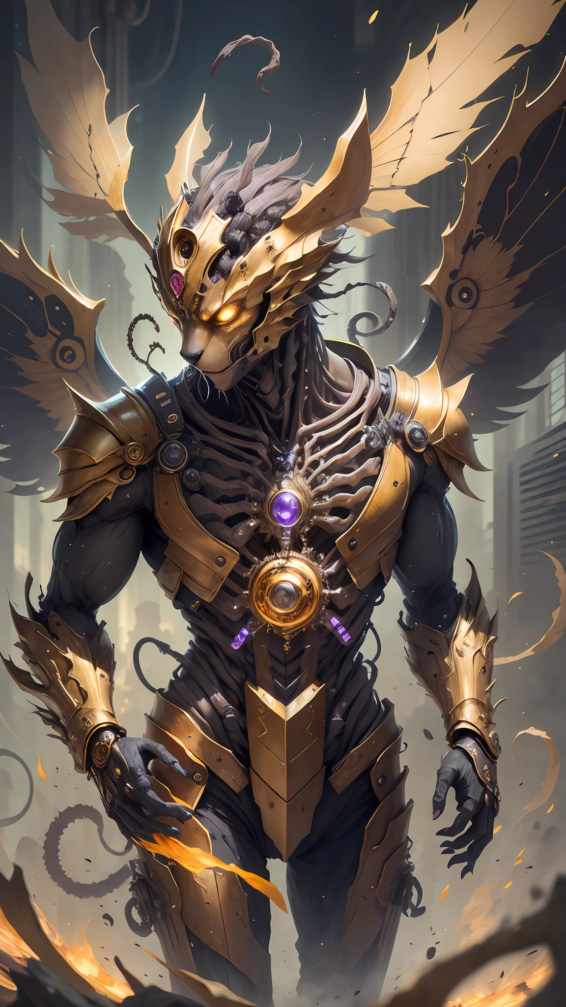 Humanoid cat with golden armor and mechanical wings, with hands and feet, and the torso is all in the picture