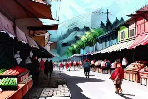 perspective of a road passing through an open air market with stalls around it and people trading groceries, marker painting, ha...